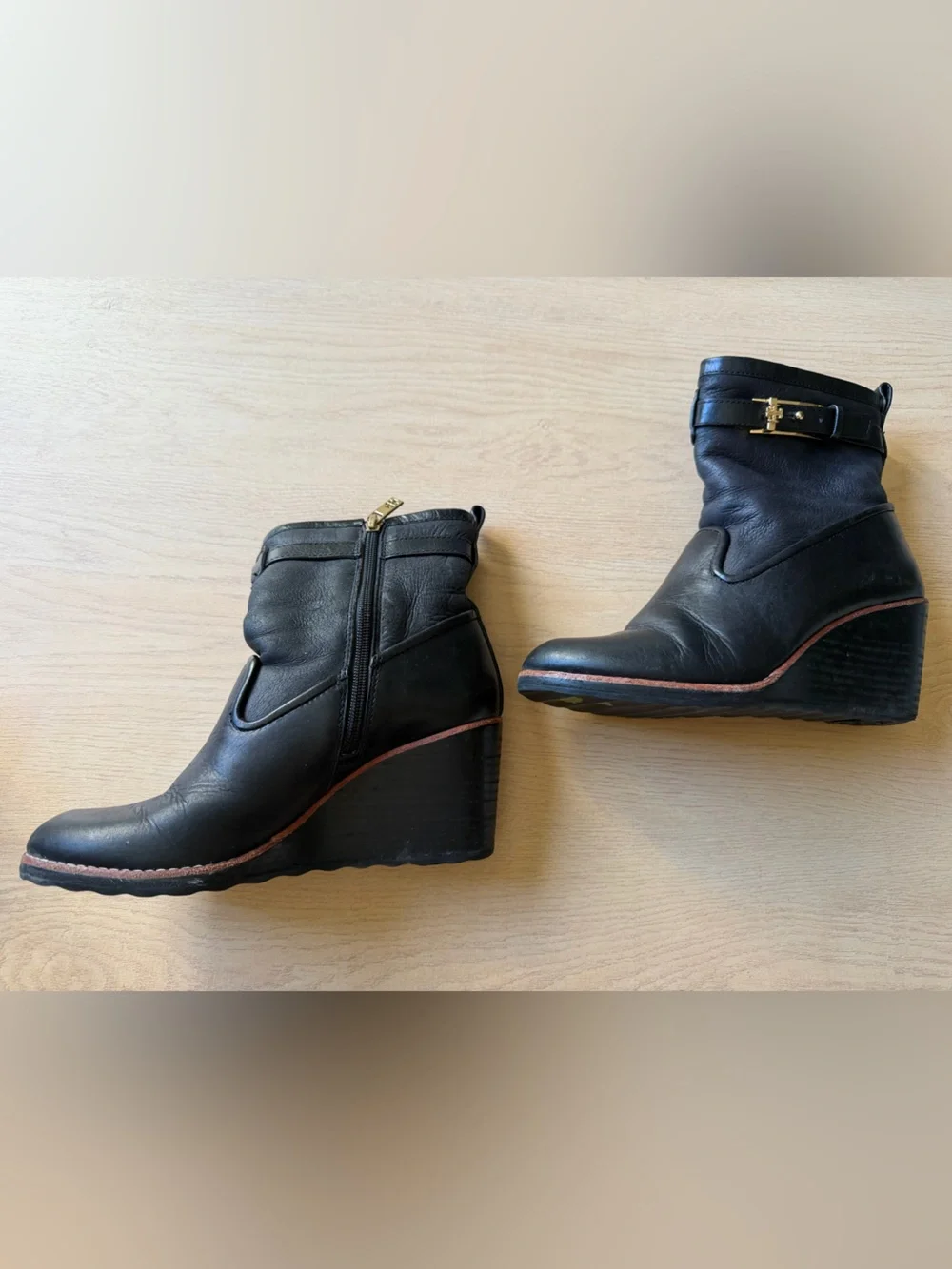 Tory Burch Primrose Wedge Ankle Booties Black Leather with Gold Buckle